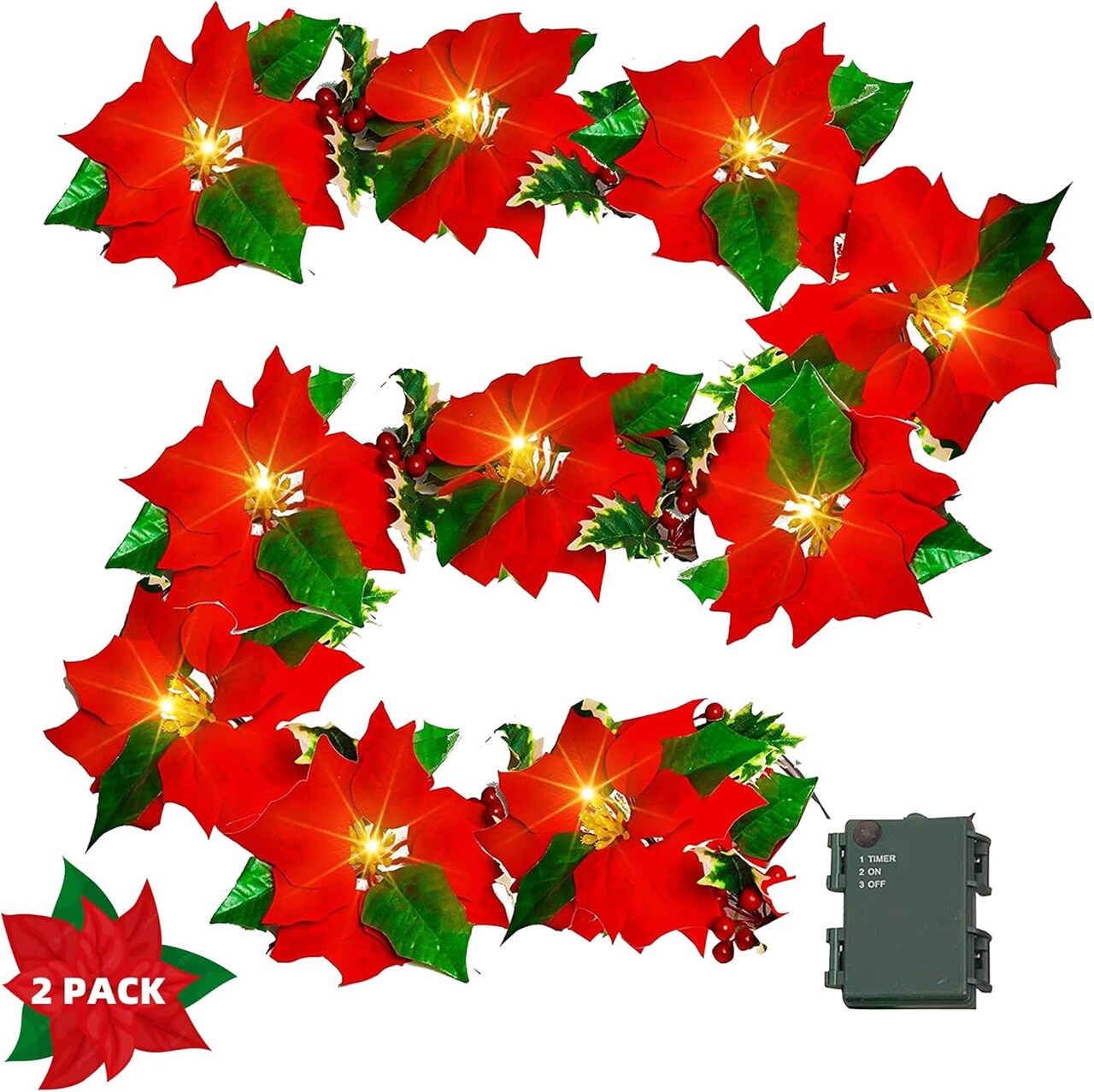 2 Pack 7 FT Christmas Poinsettia Flowers Garland Decorations, 10 LED Lighted Artificial Velvet String Lights with Red Berries, Xmas Ornaments for Indoor Outdoor Fireplace Decor